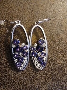 Silver Drop Earrings with Purple and Clear Crystals